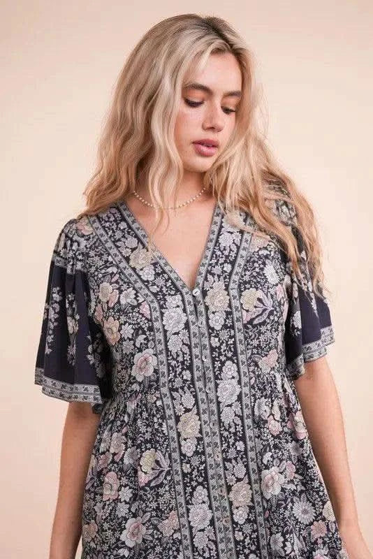 VERY J Shirring Detail Printed Woven Mini Dress - SwagglyLife Home & Fashion